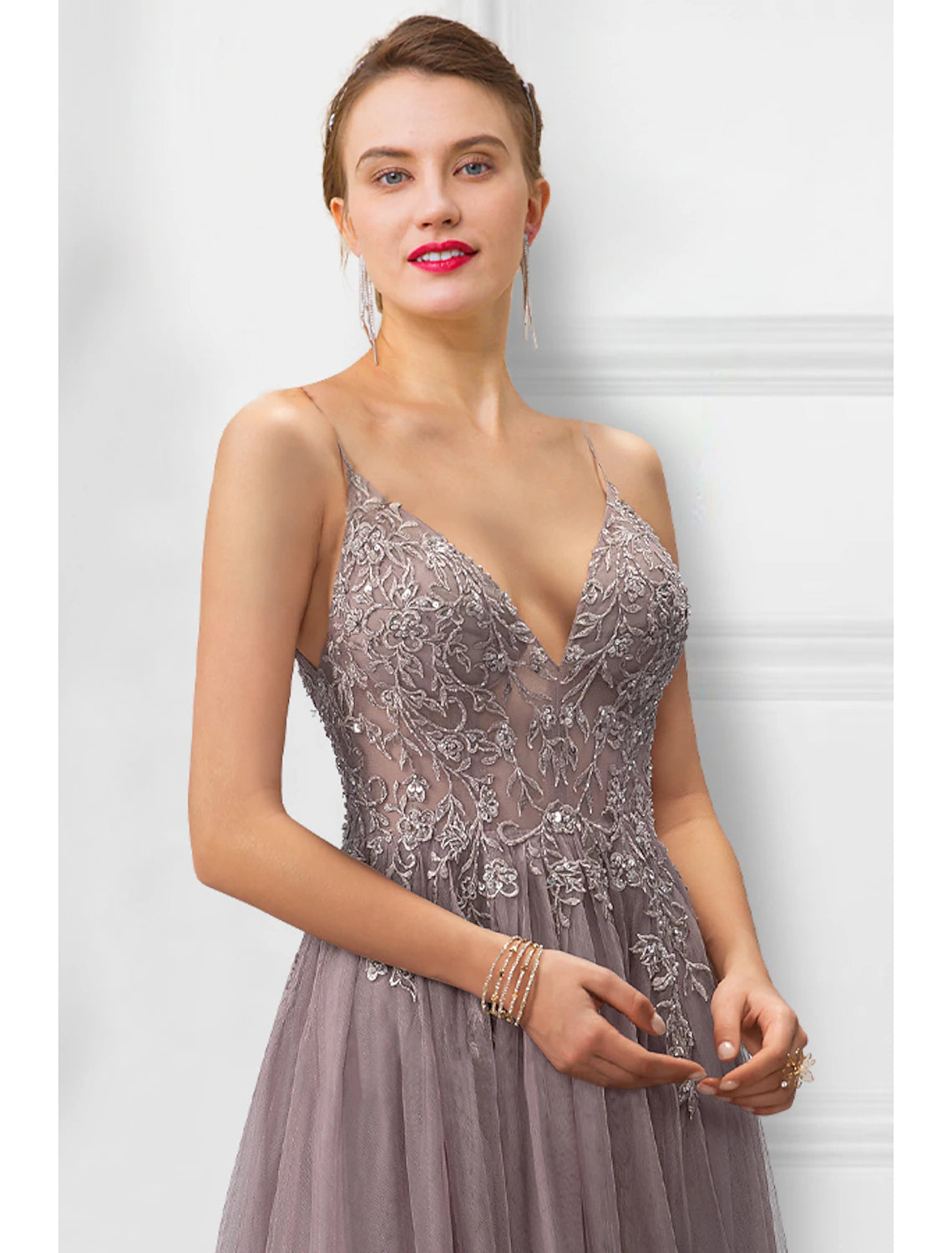 Wholesa A-Line Prom Dresses Floral Dress Party Wear Prom Floor Length Sleeveless Spaghetti Strap Tulle with Slit