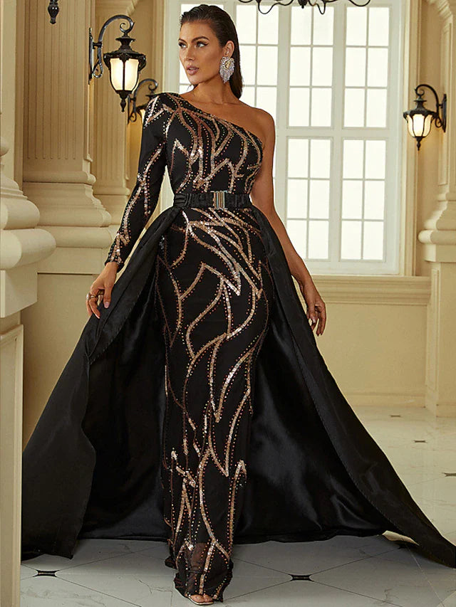 Wholesa Mermaid / Trumpet Evening Gown Sexy Dress Formal Court Train Long Sleeve One Shoulder Polyester with Sequin