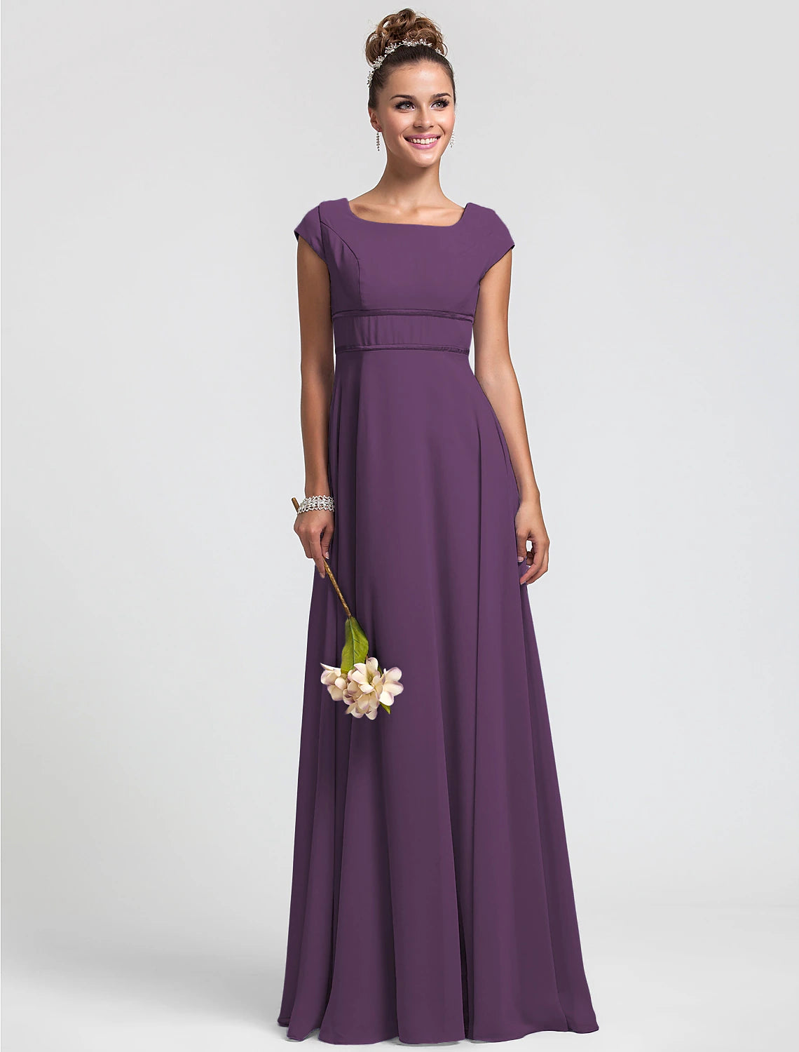 Wholesa  Sheath / Column Bridesmaid Dress Square Neck Short Sleeve Elegant Floor Length Chiffon with Sash / Ribbon / Pleats