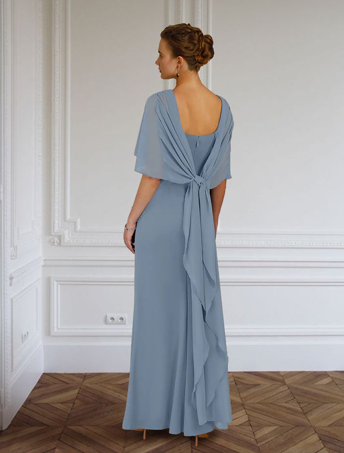 Wholesa  Sheath / Column Mother of the Bride Dress Formal Wedding Guest Elegant Simple Jewel Neck Floor Length Chiffon Sleeveless with Side Draping Solid Color