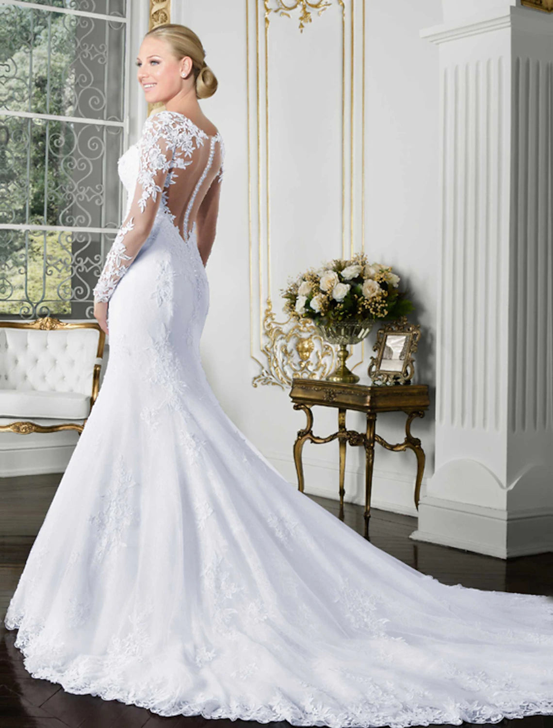 wholesale  Open Back Sexy Formal Fall Wedding Dresses Mermaid / Trumpet Illusion Neck Long Sleeve Chapel Train Lace Bridal Gowns With Lace Appliques