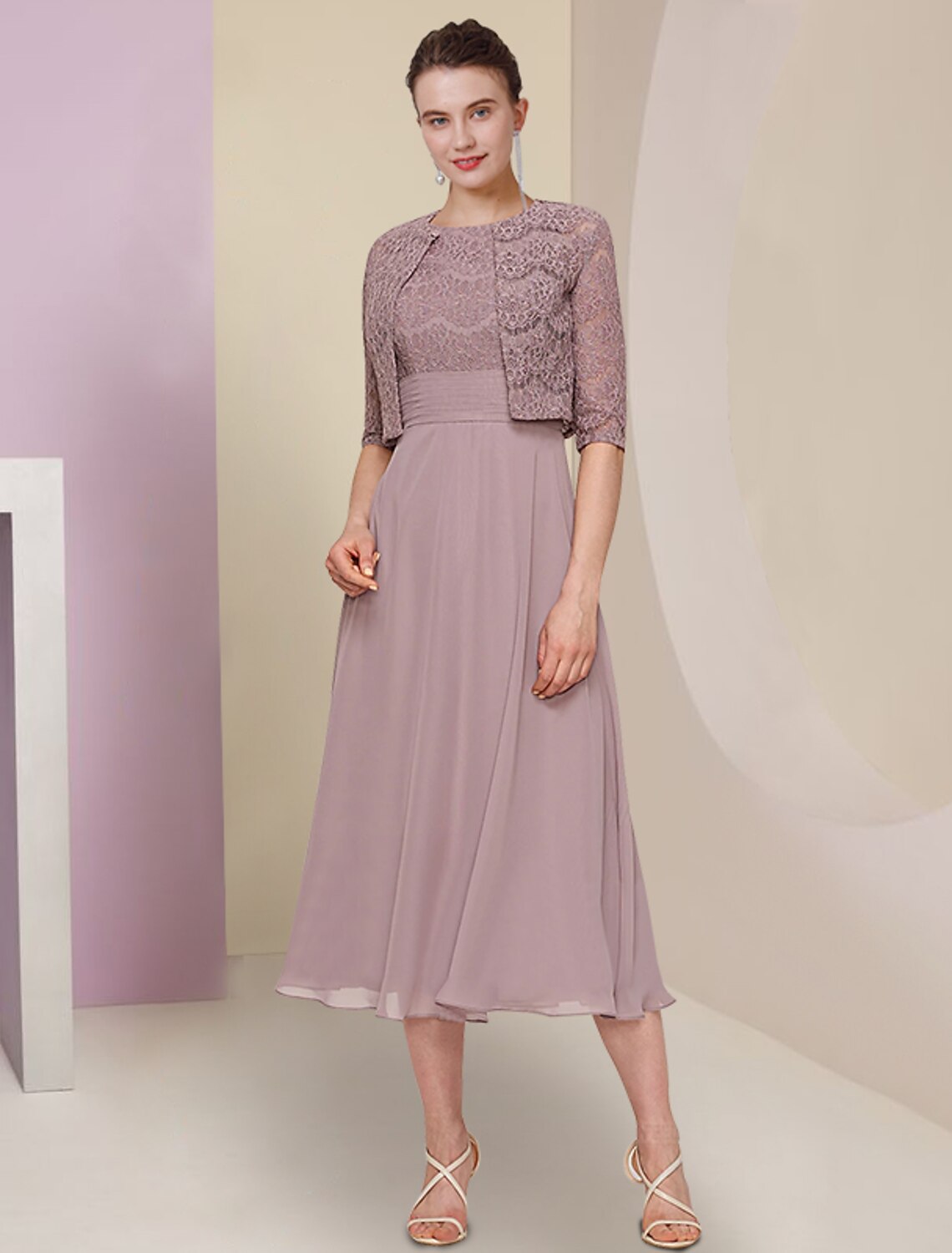 wholesale  Two Piece Mother of the Bride Dress Wedding Guest Church Elegant Jewel Neck Tea Length Chiffon Lace Half Sleeve with Solid Color