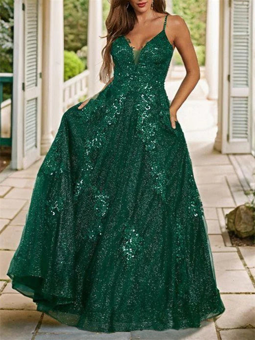 Wholesa A-Line Spaghetti Straps Floor-Length Long Prom Dresses