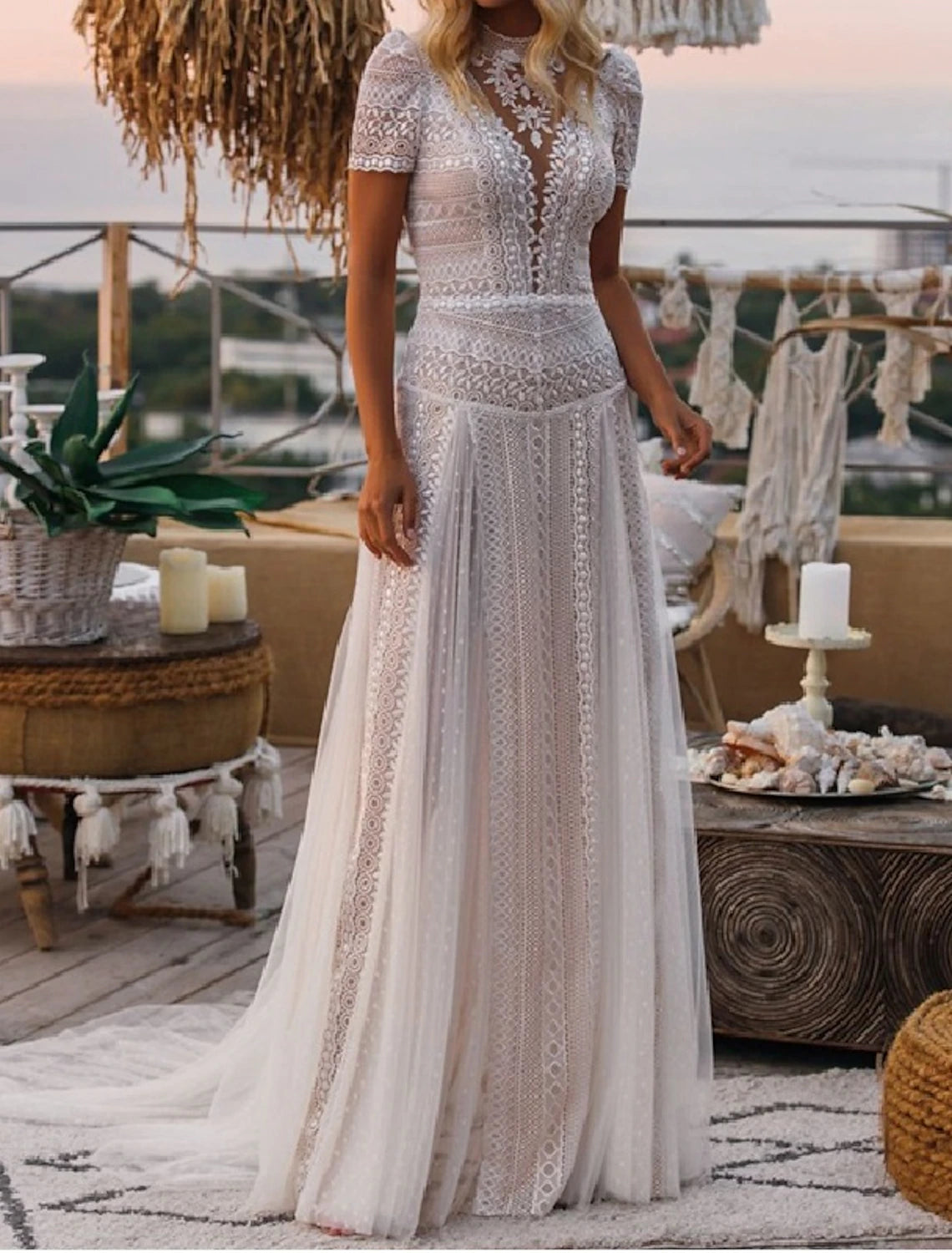 wholesale  Beach Boho Wedding Dresses A-Line Illusion Neck Short Sleeve Court Train Lace Outdoor Bridal Gowns With Appliques