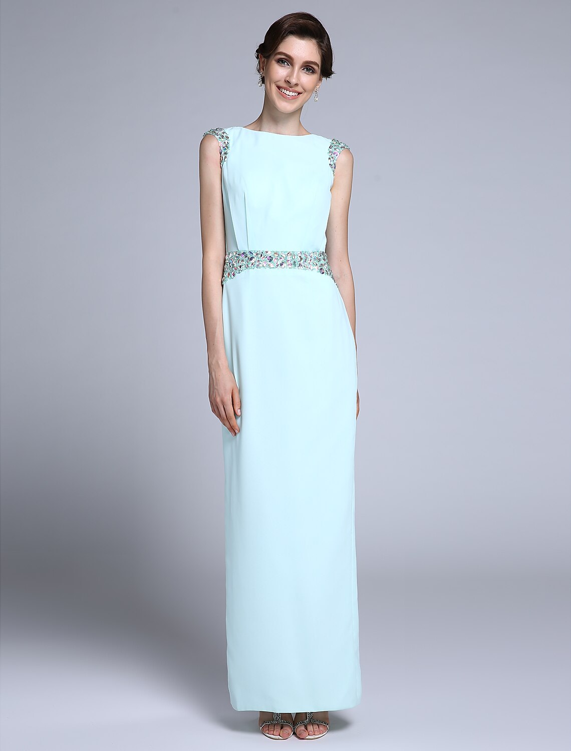 wholesale   Sheath / Column Mother of the Bride Dress Elegant Bateau Neck Ankle Length Chiffon Sleeveless No with Crystals