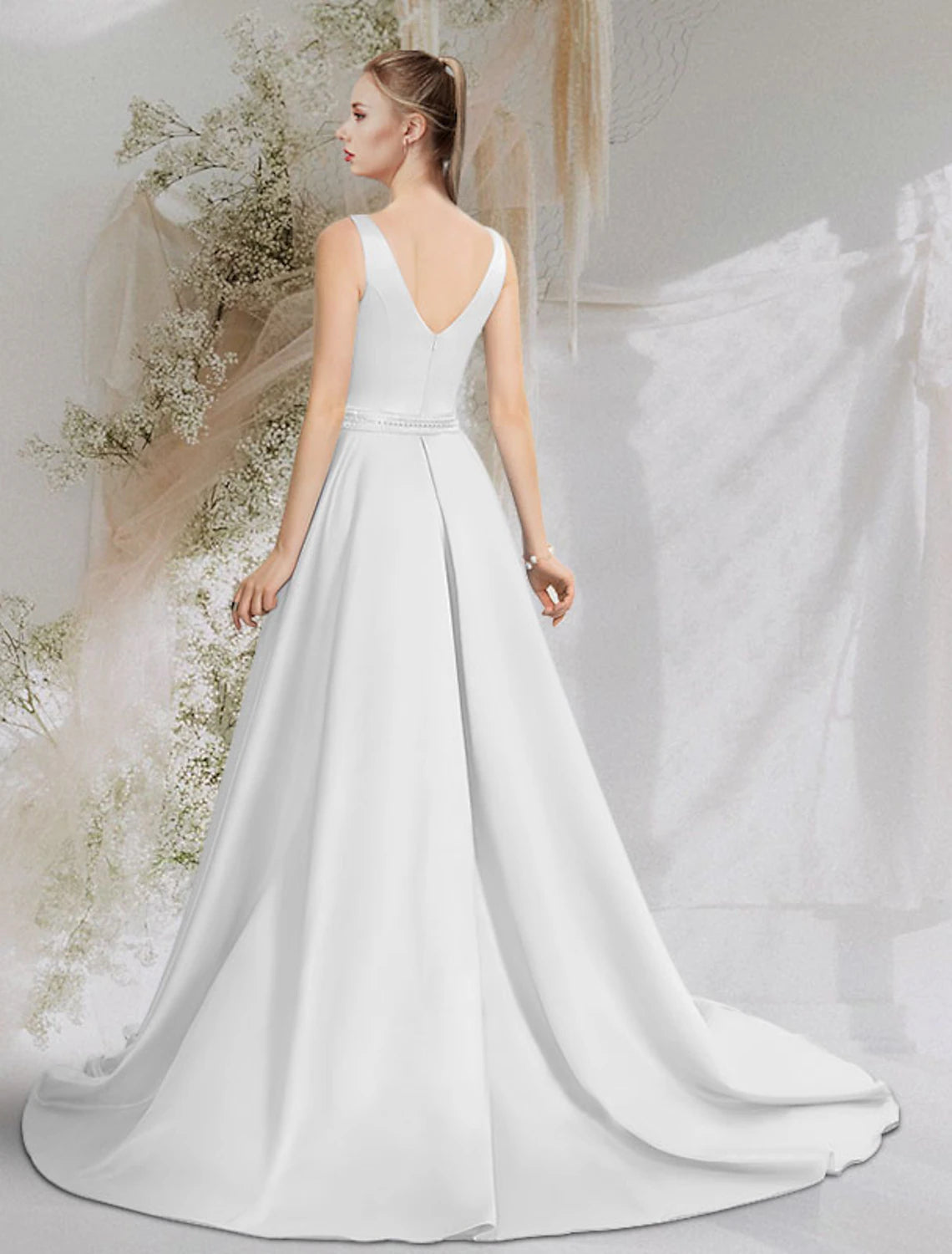 Wholesa Mermaid / Trumpet Prom Dresses Luxurious Dress Formal Evening Birthday Court Train Sleeveless V Neck Satin with Overskirt Appliques