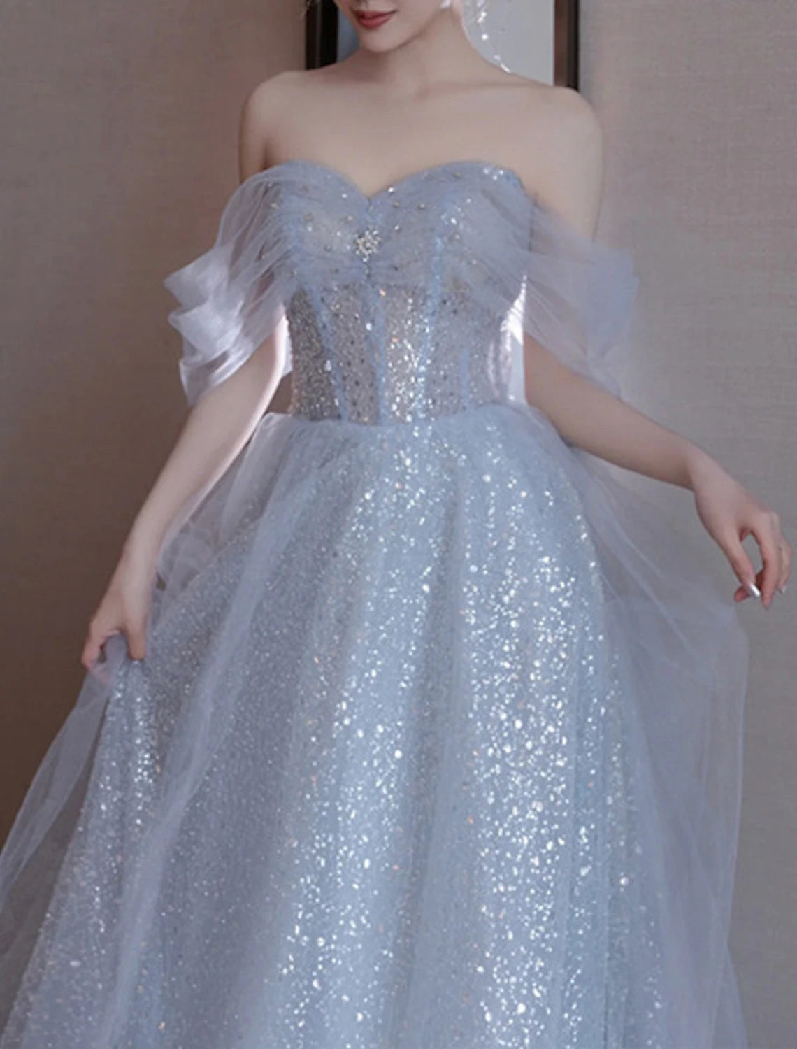 Wholesa  A-Line Party Dresses Sparkle & Shine Dress Wedding Guest Prom Floor Length Sleeveless Off Shoulder Sequined with Sequin