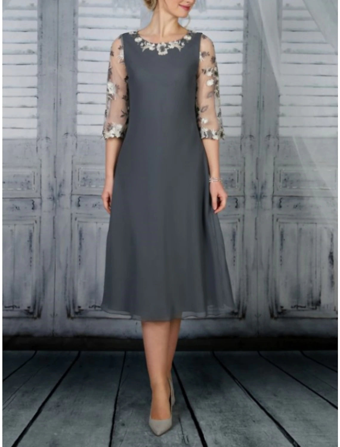 Wholesa Sheath / Column Mother of the Bride Dress Wedding Guest Elegant Party Scoop Neck Tea Length Chiffon Lace Half Sleeve with Ruffles Solid Color