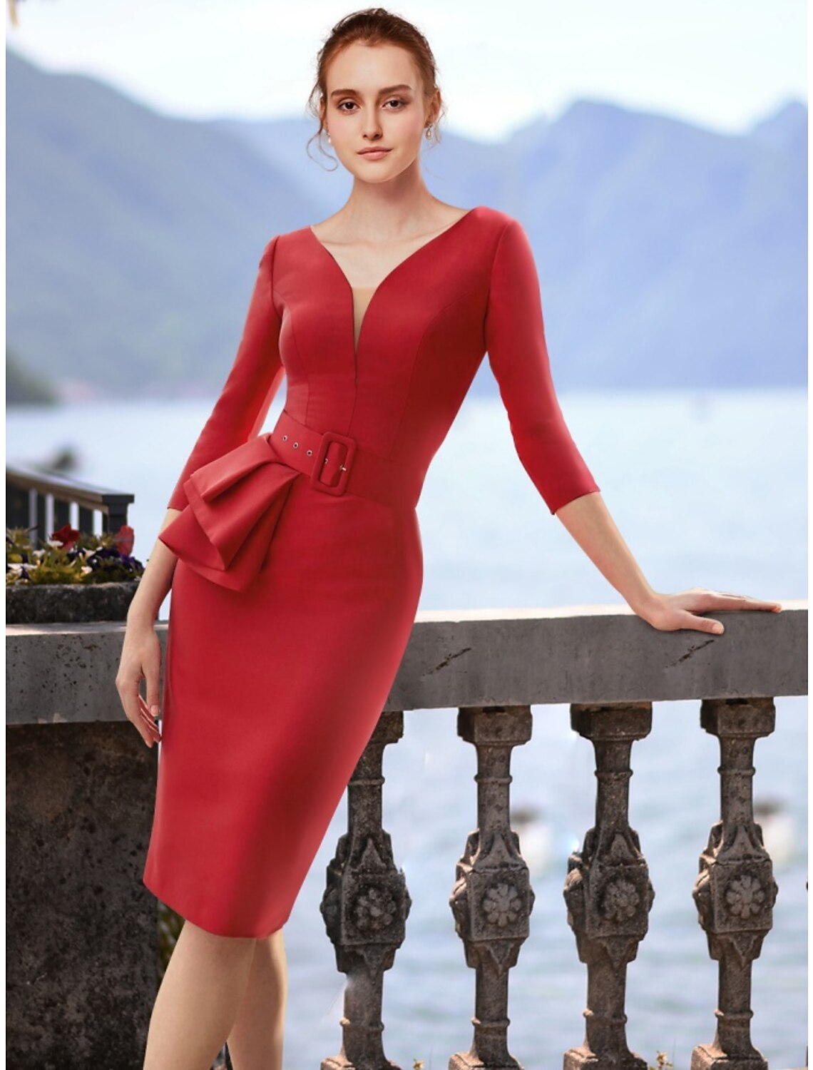 Wholesa  Sheath / Column Cocktail Dresses Elegant Dress Cocktail Party Knee Length Christmas Red Green Dress 3/4 Length Sleeve V Neck Polyester with Ruffles