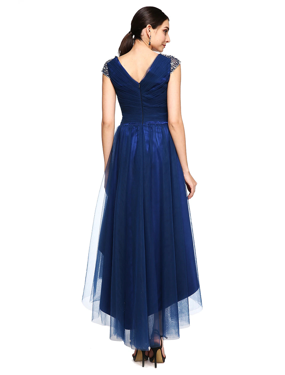 Wholesa A-Line Special Occasion Dresses Open Back Dress Wedding Guest Prom Asymmetrical Short Sleeve V Neck Tulle with Criss Cross Beading