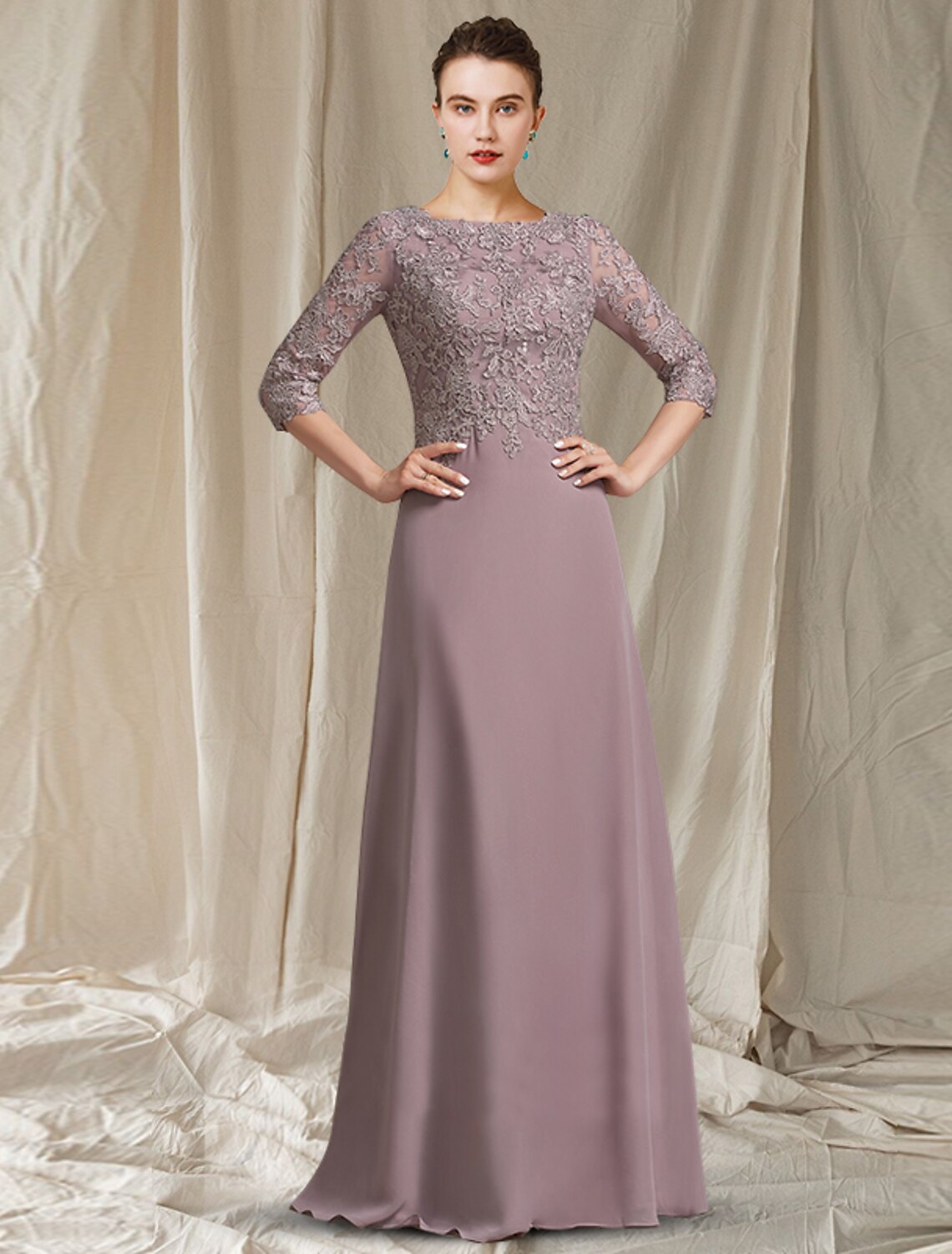 wholesale  A-Line Mother of the Bride Dress Elegant Jewel Neck Floor Length Chiffon Lace 3/4 Length Sleeve with Appliques