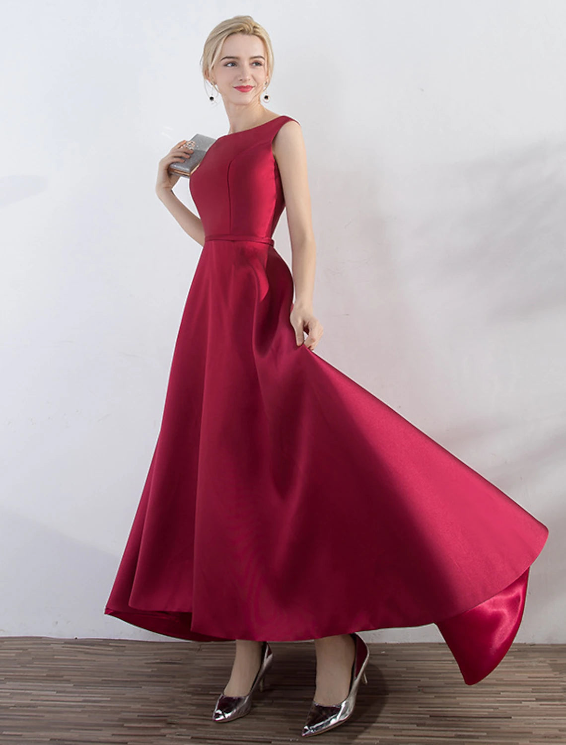 wholesa A-Line Evening Gown Minimalist Dress Party Wear Formal Evening Asymmetrical Sleeveless Jewel Neck Satin with Sleek