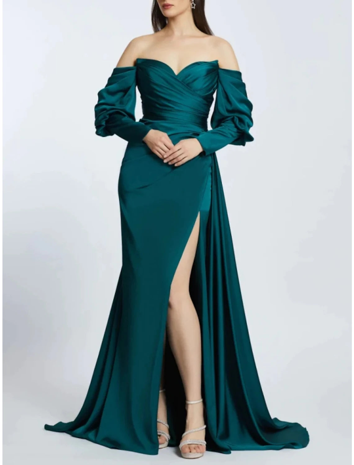Wholesa A-Line Evening Gown High Split Dress Formal Sweep / Brush Train Long Sleeve Off Shoulder Satin with Pleats Ruched Slit