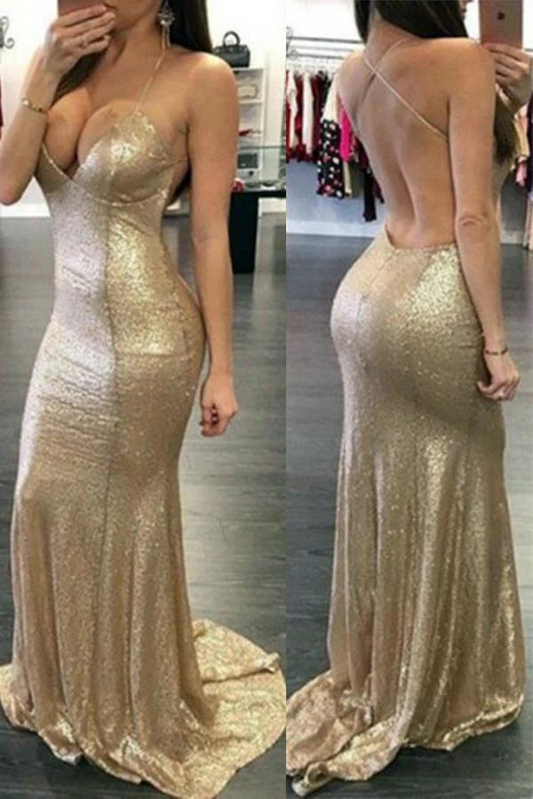 Wholesa Halter Deep V-Neck Open Back Prom Dress with Sweep Train