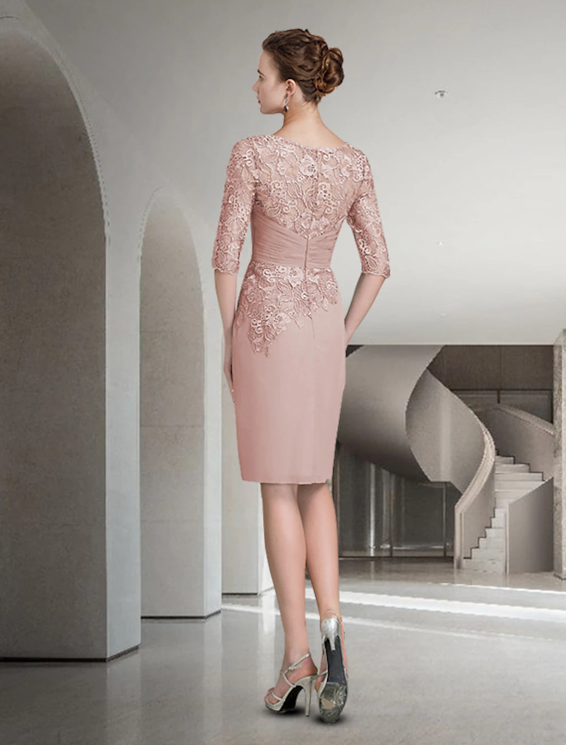 wholesale  Two Piece Sheath / Column Mother of the Bride Dress Fall Wedding Guest Church Plus Size Elegant Jewel Neck Knee Length Chiffon Lace Half Sleeve Wrap Included Jacket Dresses with Ruched Appliques