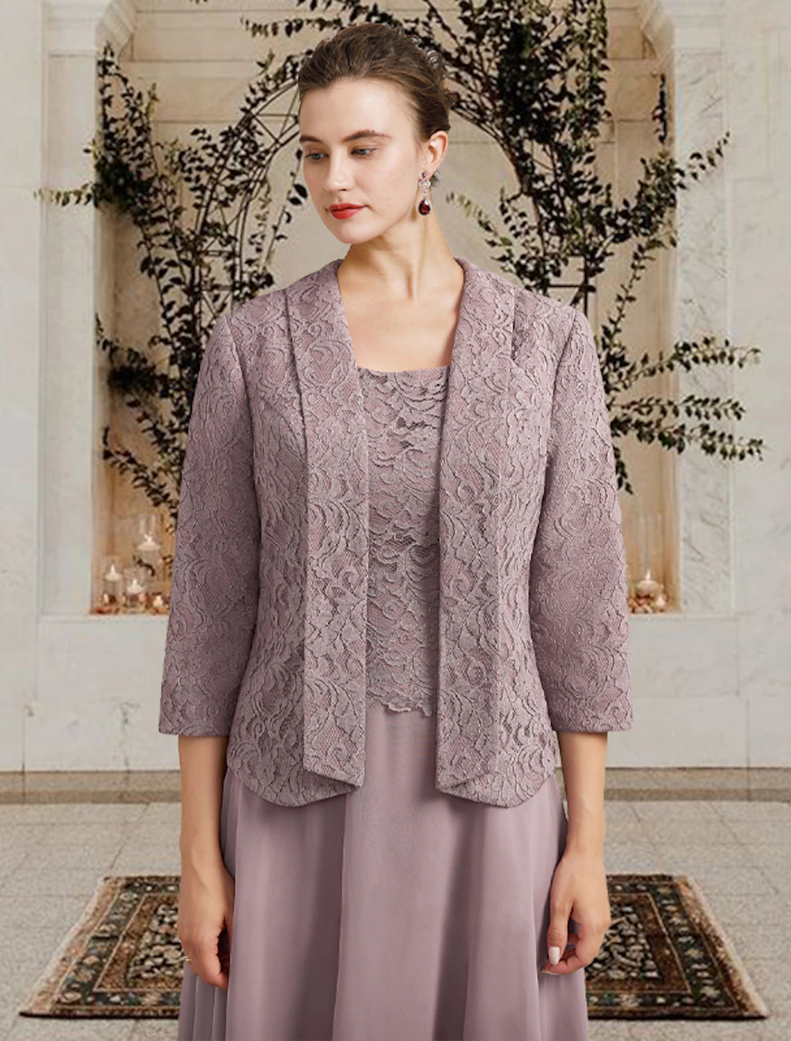 wholesale  Two Piece A-Line Mother of the Bride Dress Church Elegant Jewel Neck Floor Length Tea Length Chiffon Lace Sleeveless Short Jacket Dresses with Ruffles Appliques