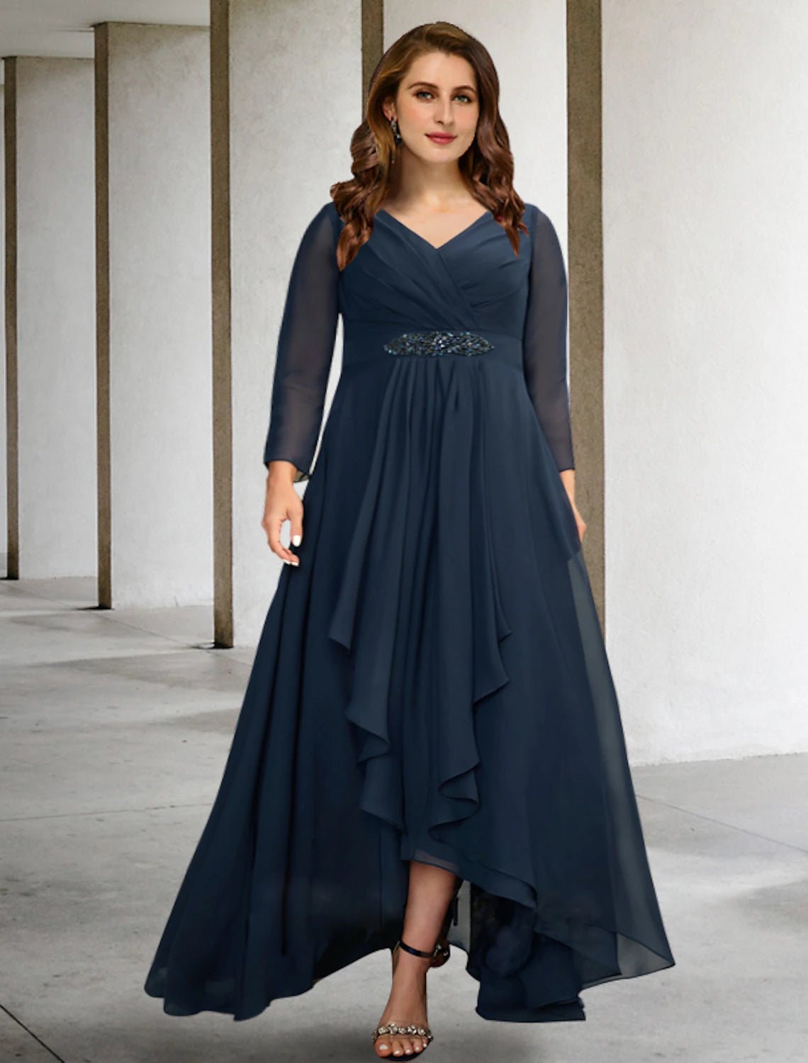 wholesale  A-Line Mother of the Bride Dresses Plus Size Hide Belly Curve Elegant Dress Formal Asymmetrical Long Sleeve V Neck Chiffon with Pleats Crystals