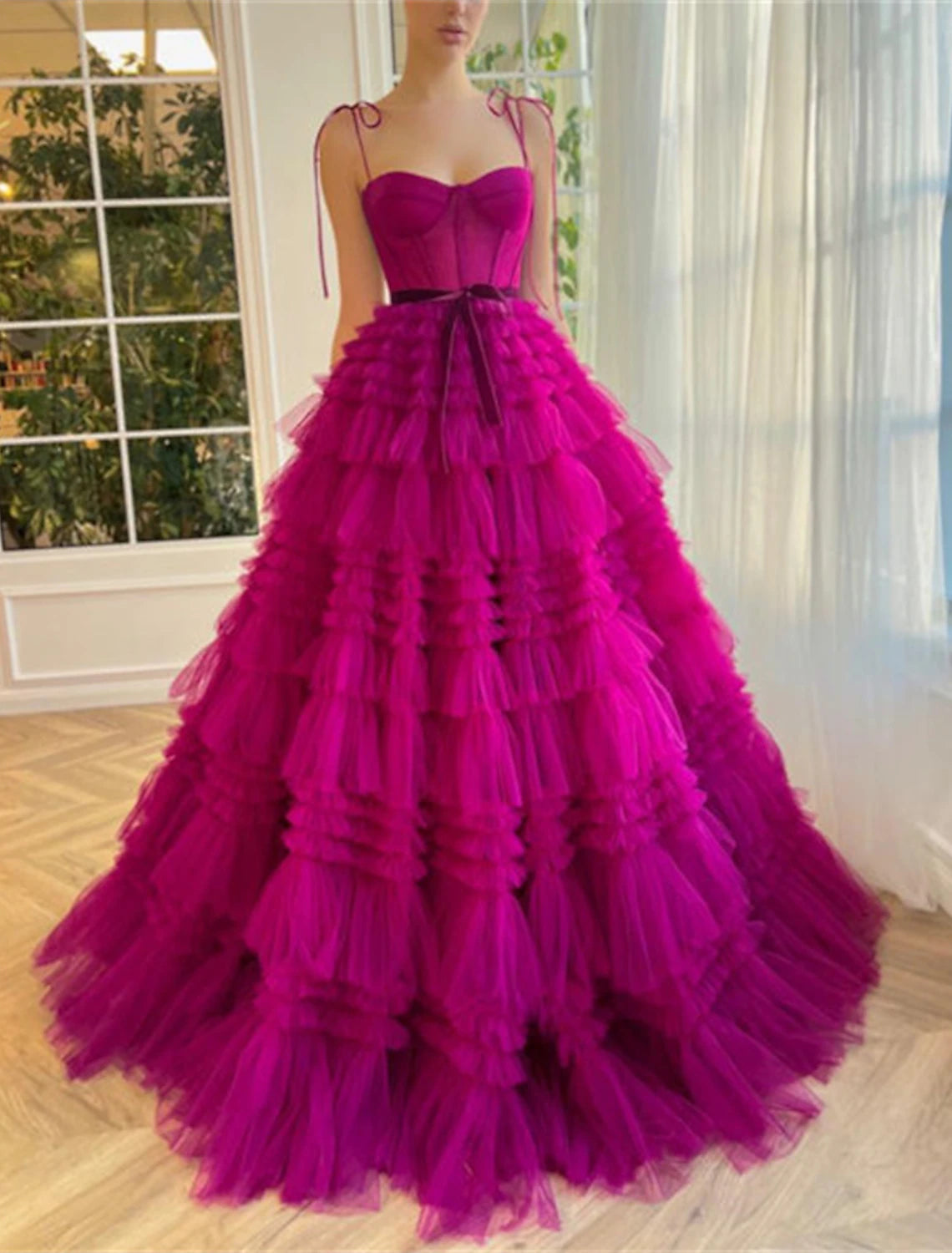 Wholesa  Ball Gown Evening Gown Puffy Dress Wedding Party Birthday Floor Length Sleeveless Spaghetti Strap Tulle with Ruffles Strappy