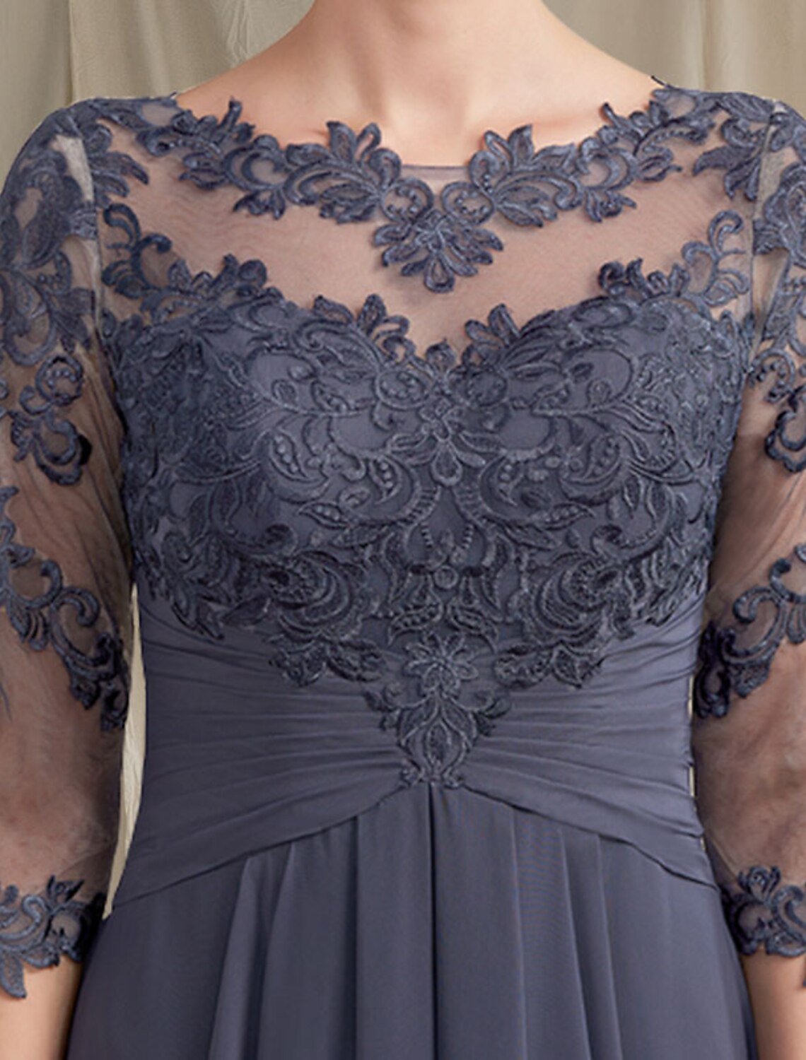 wholesale  A-Line Mother of the Bride Dress Plus Size Elegant Jewel Neck Tea Length Chiffon Lace 3/4 Length Sleeve with Pleats Appliques