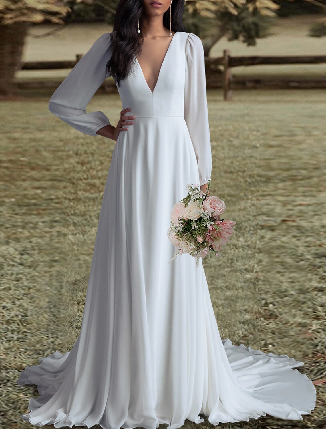 Wholesa Open Back Wedding Dresses A-Line V Neck Long Sleeve Sweep / Brush Train Chiffon Bridal Gowns With Pleats