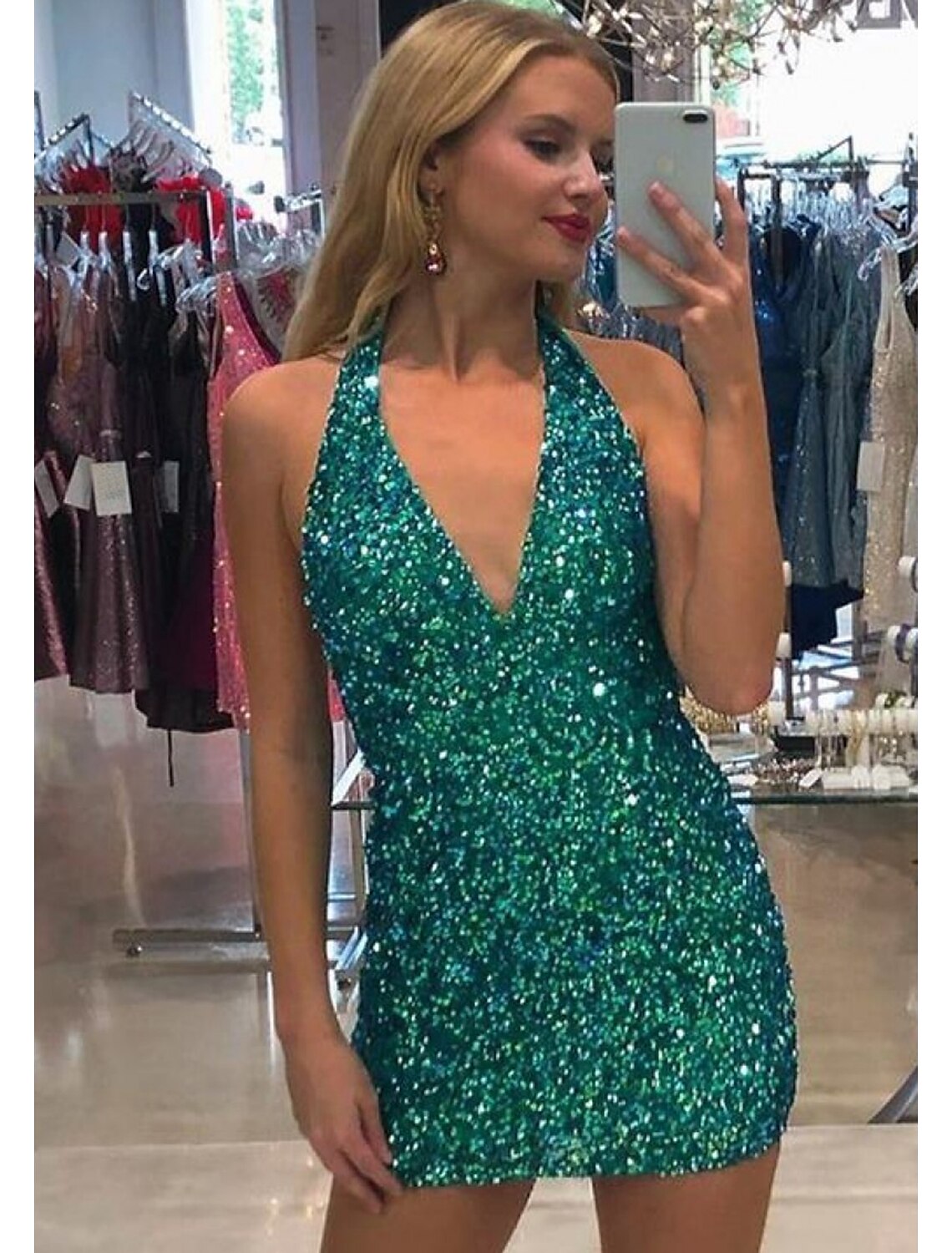 wholesale  Mermaid / Trumpet Prom Dresses Sparkle & Shine Dress Cocktail Party Prom Short / Mini Sleeveless V Neck Sequined Backless with Sequin