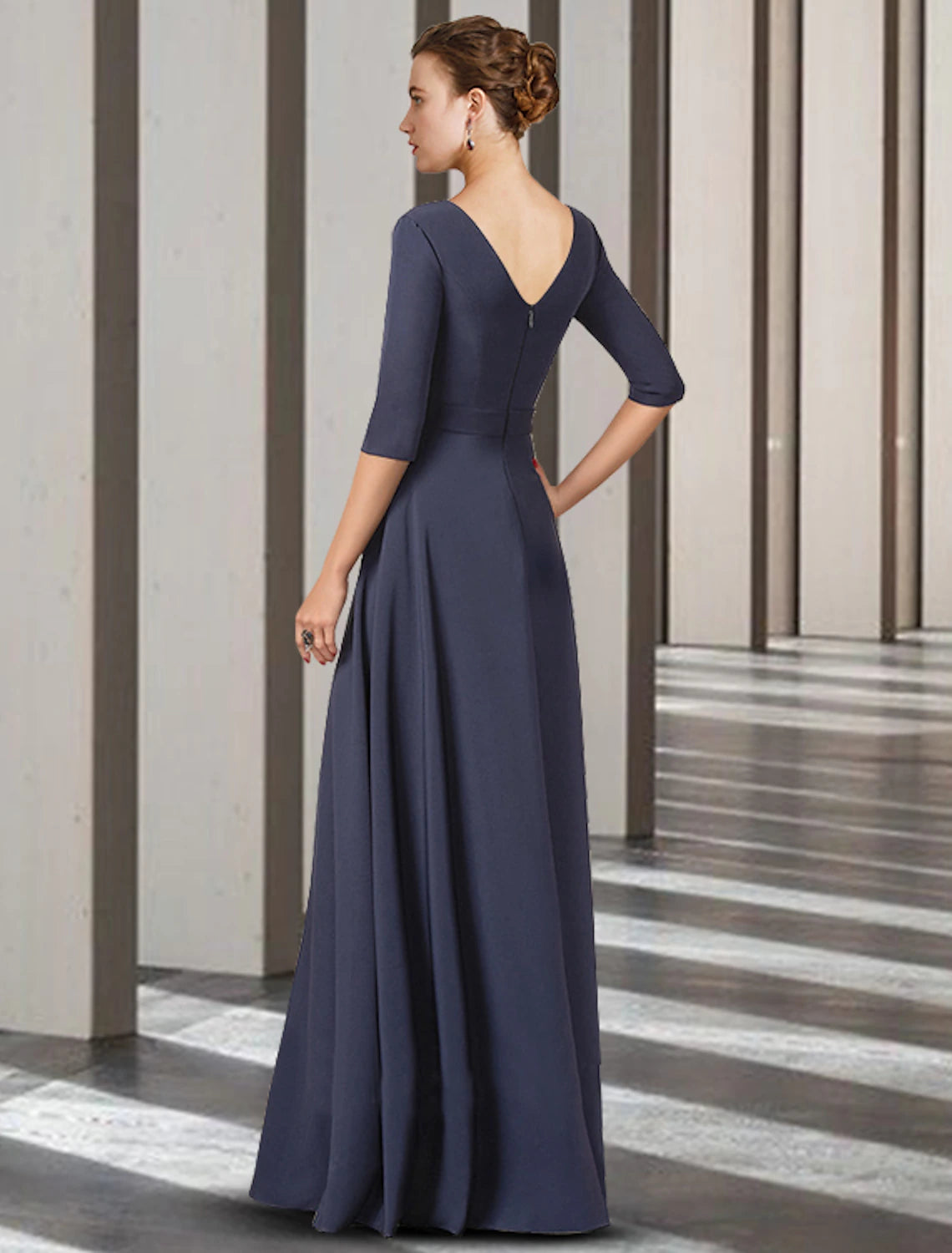 wholesale  Sheath / Column Mother of the Bride Dress Elegant V Neck Floor Length Stretch Chiffon Half Sleeve with Bow(s) Pleats