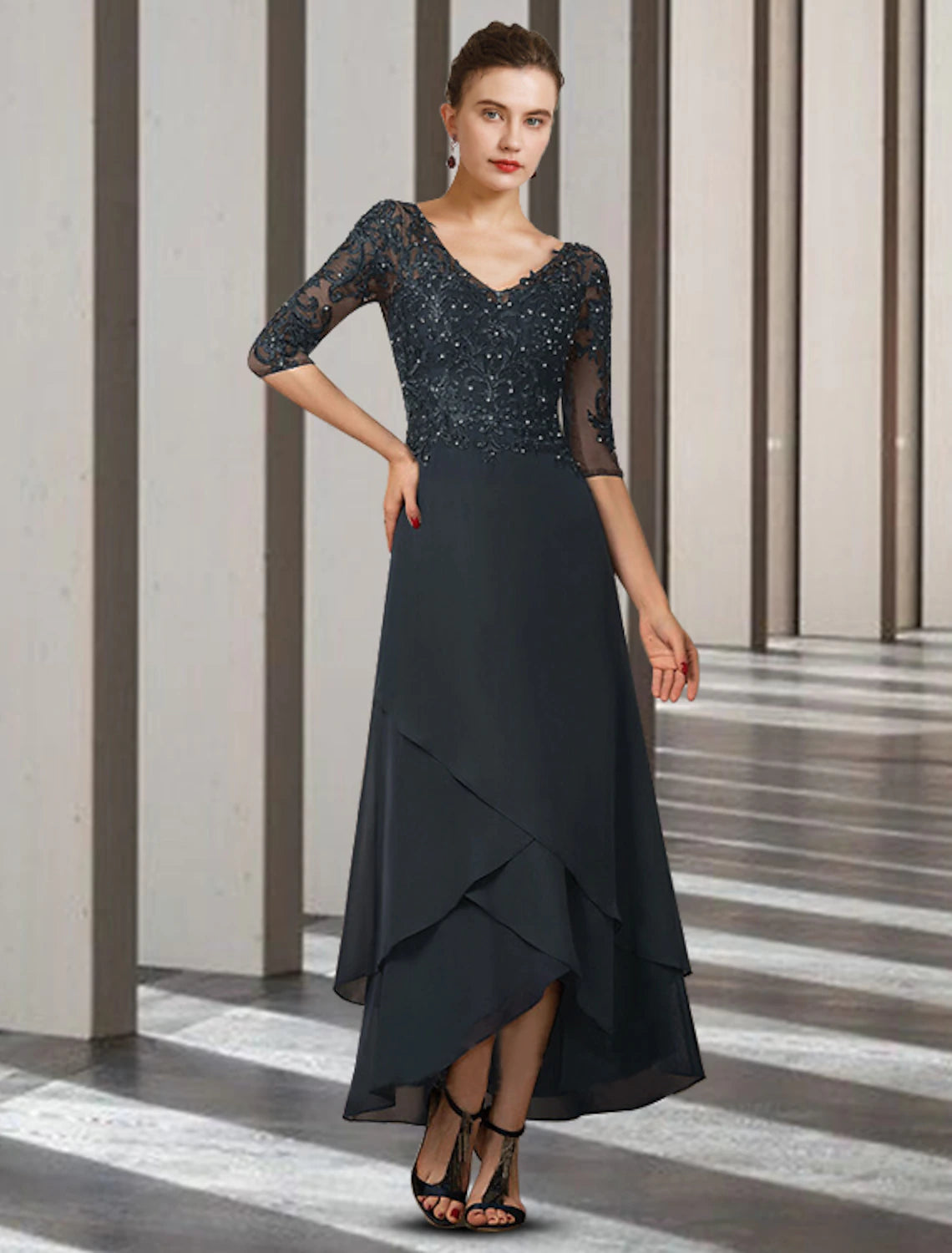 wholesale  A-Line Mother of the Bride Dress Elegant High Low V Neck Asymmetrical Ankle Length Chiffon Lace Half Sleeve with Beading Ruffles Appliques