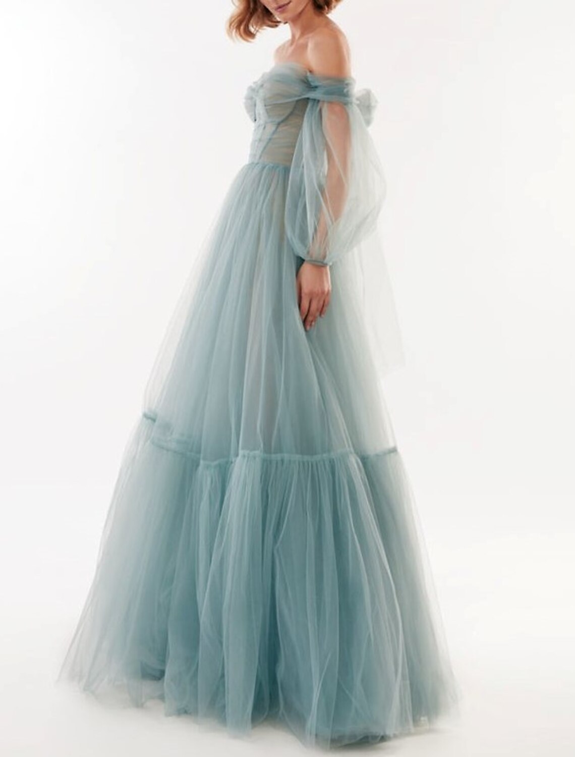 wholesale  A-Line Elegant Sexy Wedding Guest Prom Dress Off Shoulder Long Sleeve Floor Length Tulle with Bow(s) Pleats