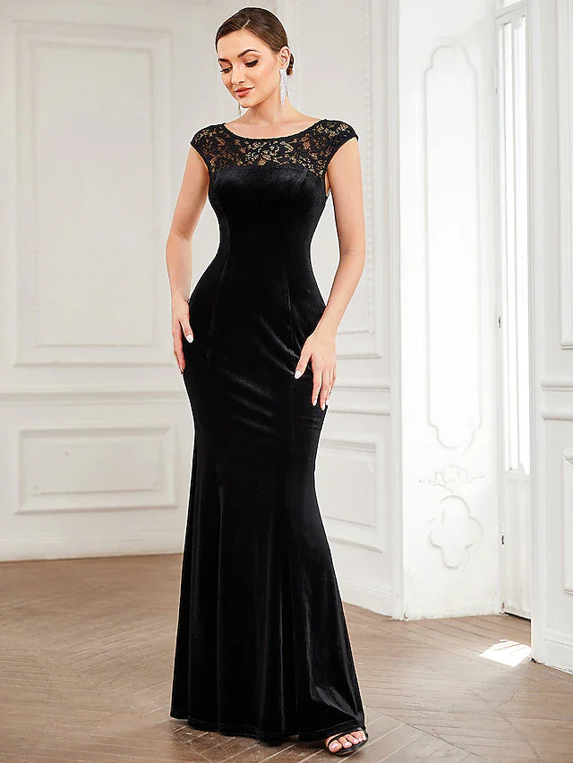 Wholesa Mermaid / Trumpet Evening Gown Elegant Dress Formal Floor Length Short Sleeve Jewel Neck Velvet with Lace Insert