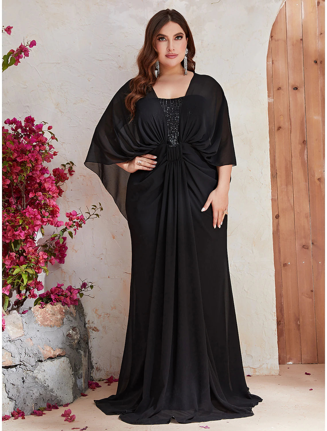 Wholesa Mermaid / Trumpet Wedding Guest Dresses Plus Size Dress Formal Evening Party Sweep / Brush Train Long Sleeve V Neck Polyester with Sequin Shawl