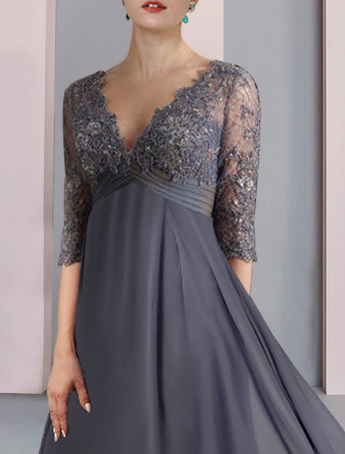 wholesale  A-Line Mother of the Bride Dress Formal Wedding Guest Vintage Elegant V Neck Tea Length Chiffon Lace Half Sleeve with Beading Sequin Appliques