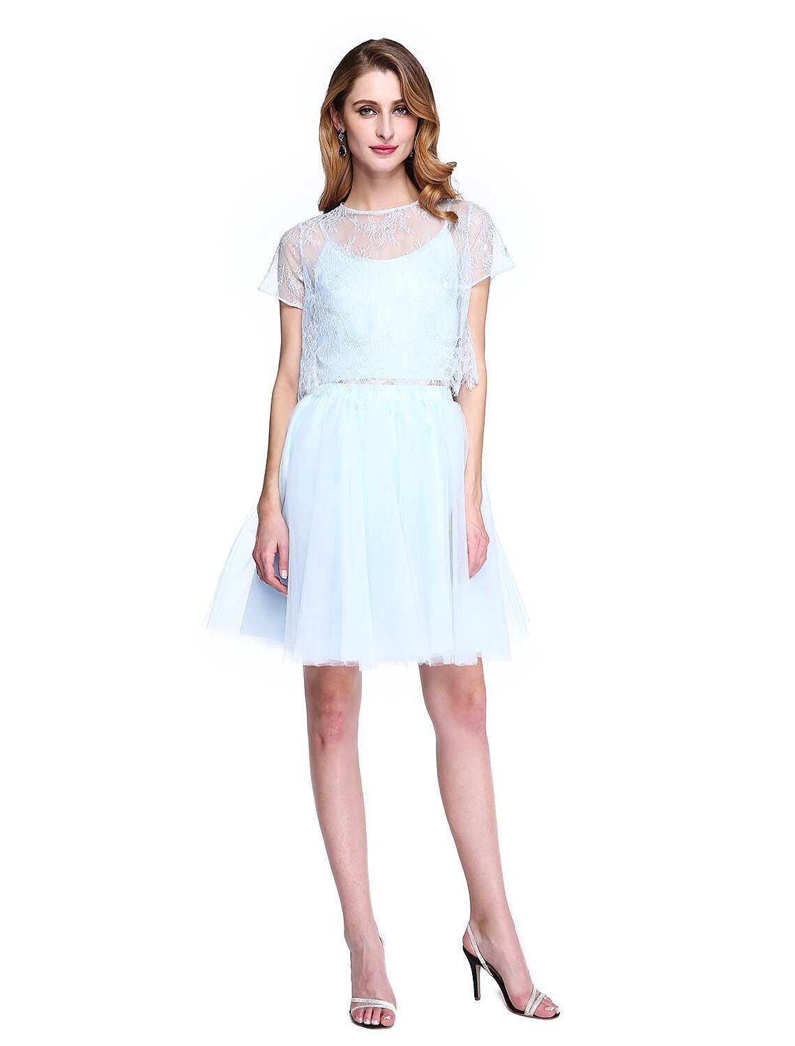 wholesale  A-Line Mother of the Bride Dress Two Piece Jewel Neck Knee Length Lace Tulle Short Sleeve No with Lace