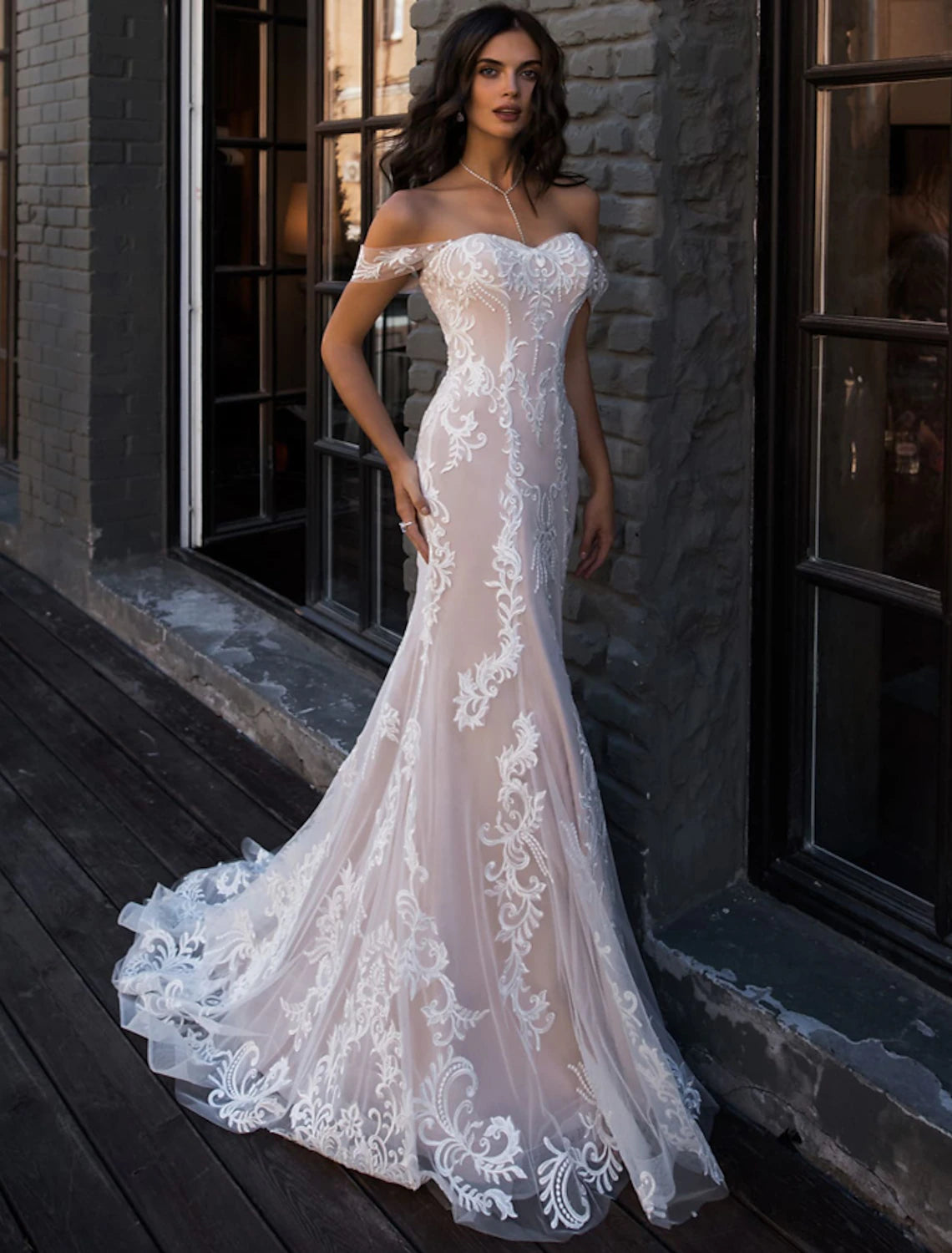 wholesale  Beach Boho Wedding Dresses Mermaid / Trumpet Off Shoulder Cap Sleeve Court Train Lace Bridal Gowns With Lace