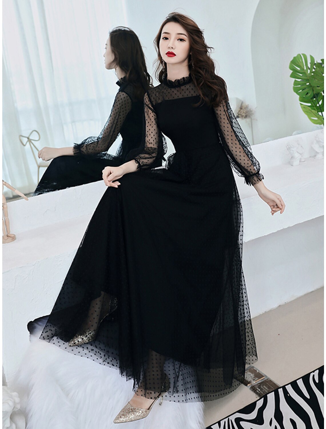 Wholesa A-Line Black Dress Elegant Party Wear Prom Dress High Neck Long Sleeve Floor Length Lace with Ruffles
