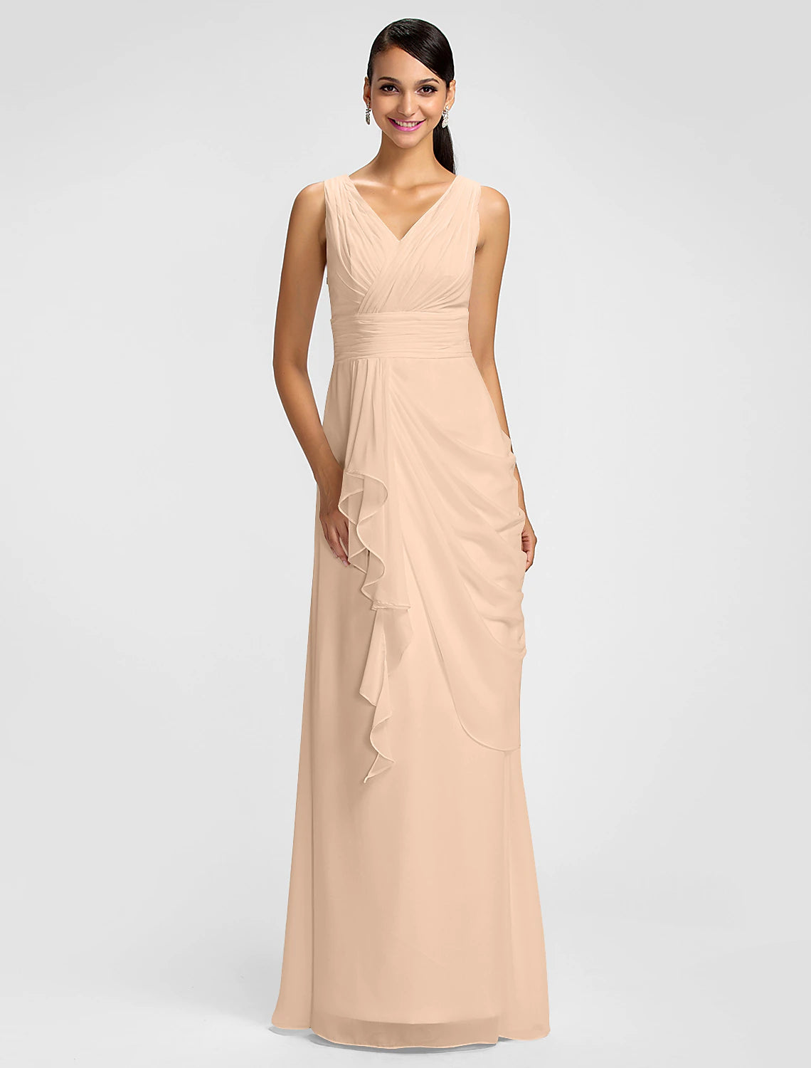 Wholesa Sheath / Column V Neck Floor Length Chiffon Bridesmaid Dress with Draping / Sash / Ribbon / Side Draping