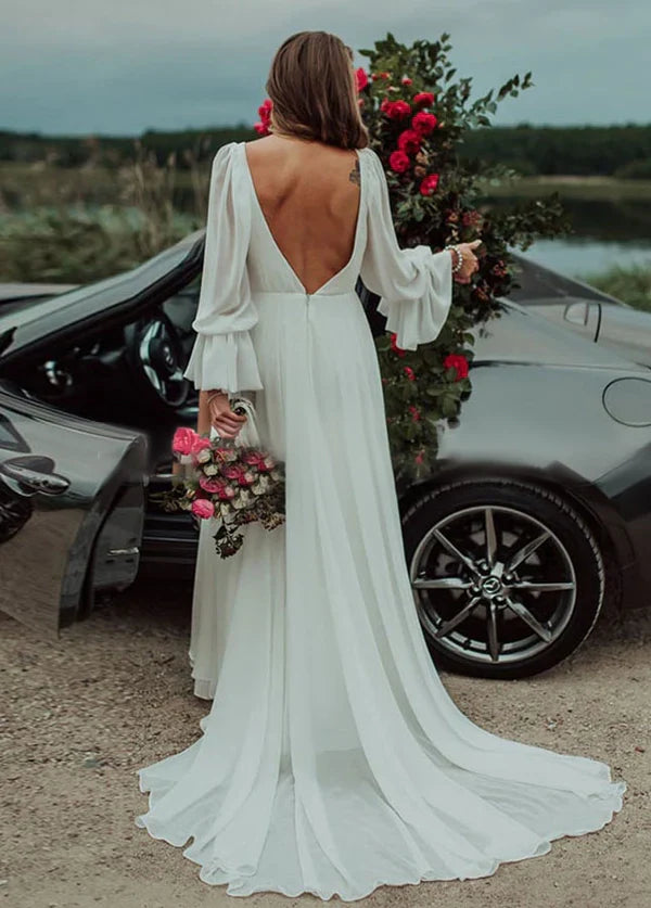Wholesa A-Line Beach V-Neck Long-Sleeve High Slit Romantic Chiffon Wedding Dresses