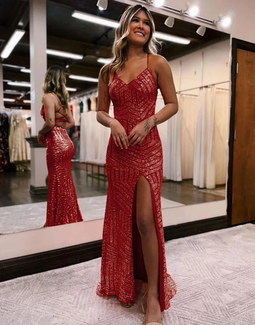 Wholesa Sparkly Sequin Long Glitter Prom Dress With Split