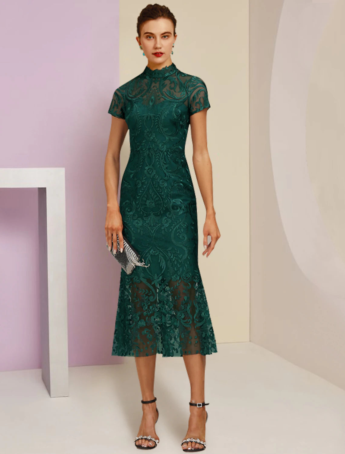 wholesale  Sheath / Column Mother of the Bride Dress Wedding Guest Elegant High Neck Tea Length Lace Short Sleeve with Appliques