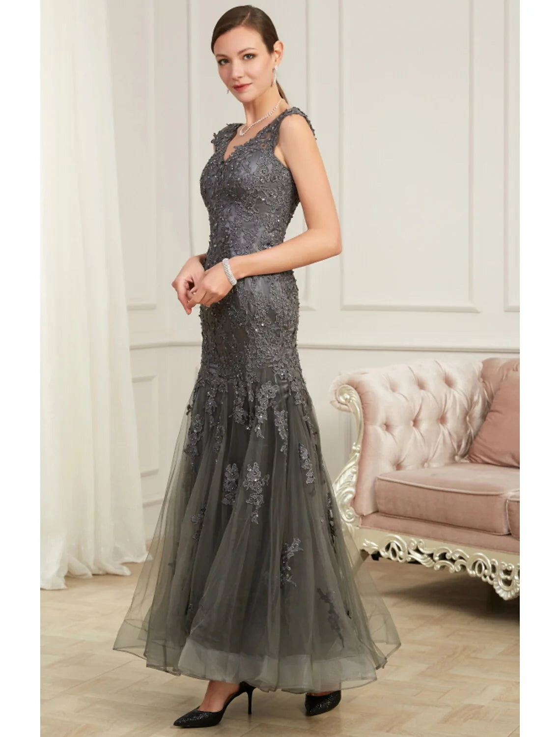 Wholesa Mermaid / Trumpet Evening Gown Elegant Dress Party Wear Floor Length Sleeveless V Neck Polyester with Sequin Appliques