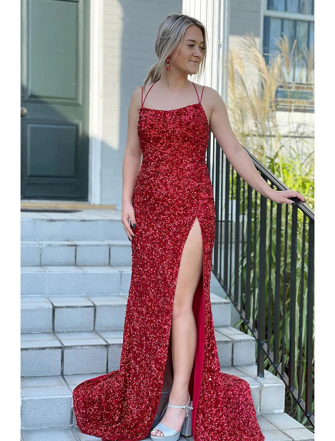 Wholesa Mermaid / Trumpet Prom Dresses Hot Dress Formal Wedding Party Sweep / Brush Train Sleeveless Spaghetti Strap Sequined Backless with Sequin Slit