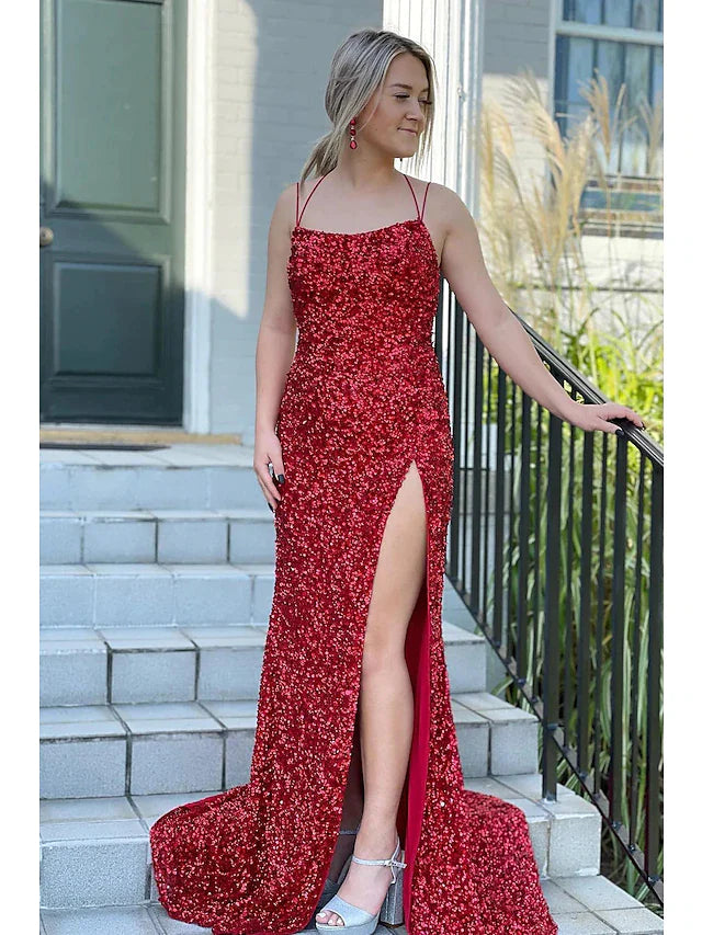 Wholesa Mermaid / Trumpet Prom Dresses Hot Dress Formal Sweep / Brush Train Sleeveless Spaghetti Strap Sequined Backless with Sequin Slit