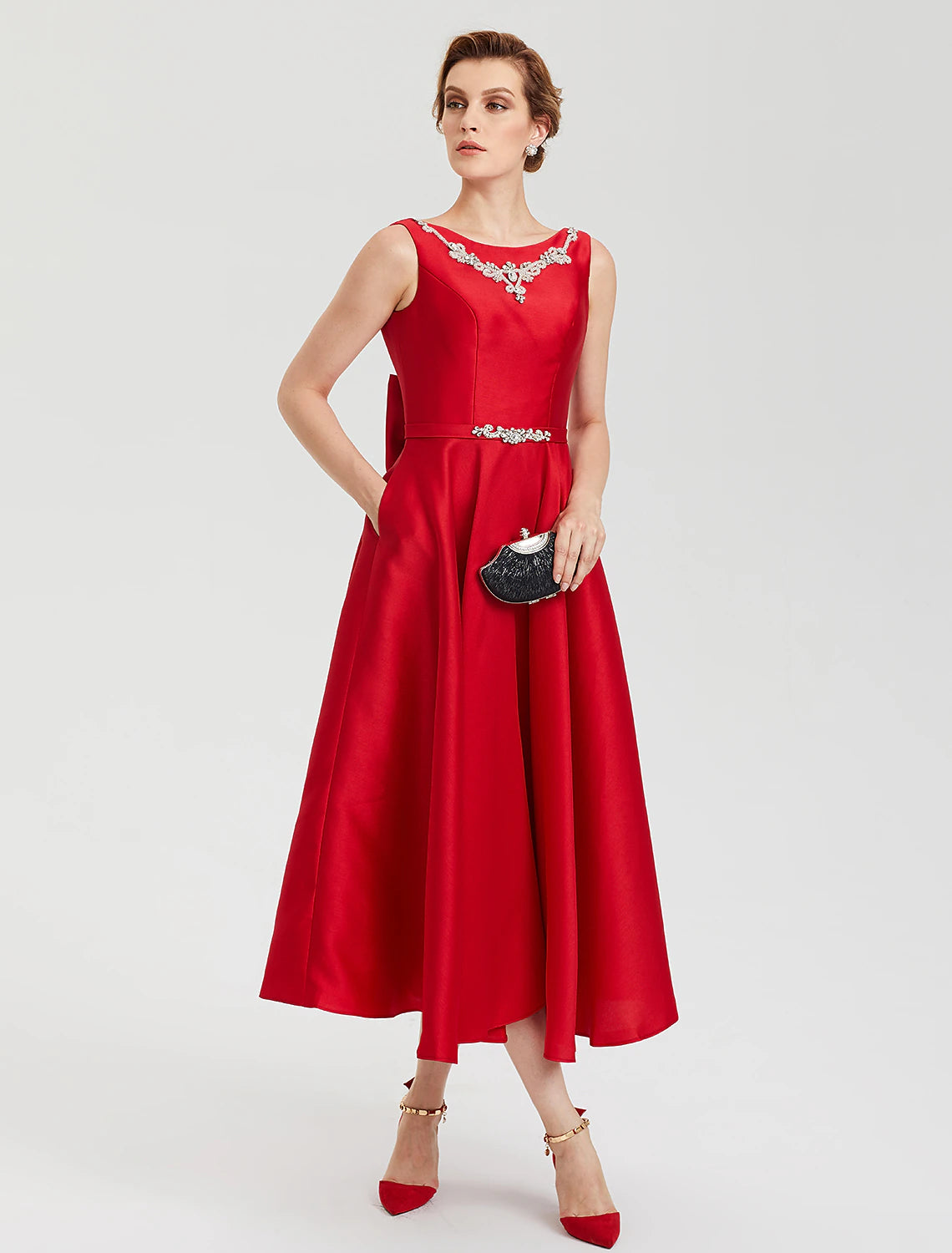 Wholesa A-Line Elegant Open Back Evening Party Formal Dress Jewel Neck Sleeveless Tea Length Satin with Rhinestone Crystal Sash / Ribbon