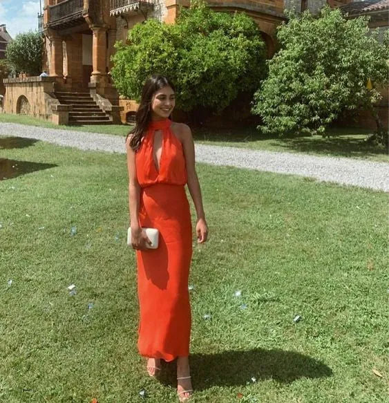 Halter‑Keyhole Orange‑Chiffon Blouson‑Top Column Midi‑Length Prom Dress