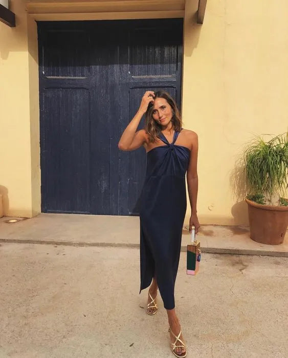 Halter‑Knot Navy‑Blue‑Satin High‑Slit Midi‑Length Prom Dress