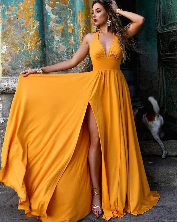 Halter‑Neck Mustard‑Yellow‑Chiffon Deep‑V‑Neck High‑Slit A‑Line Floor‑Length Prom Dress