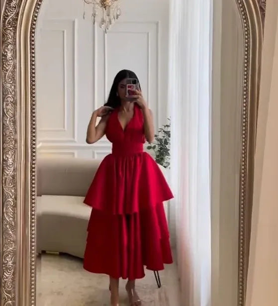 Halter‑Neck Red‑Satin Deep‑V‑Neck Tiered‑Ruffle Midi‑Length Prom Dress