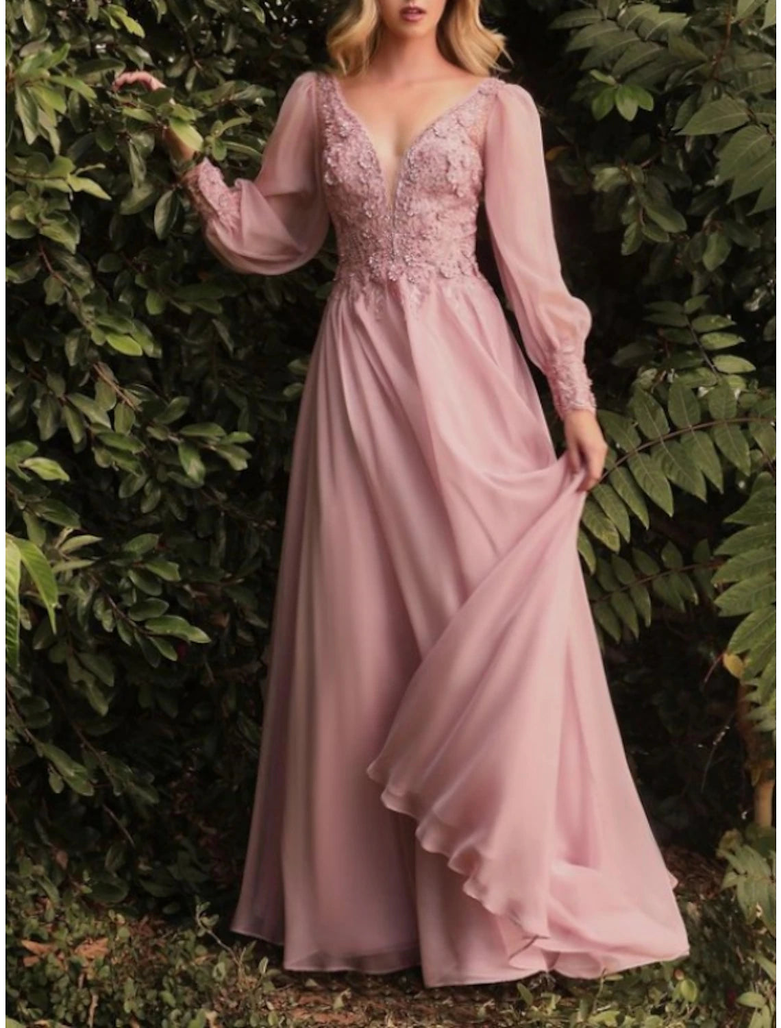 Wholesa  Sheath / Column Wedding Guest Dresses Elegant Dress Wedding Guest Floor Length Long Sleeve V Neck Bridesmaid Dress Chiffon with Pleats Appliques