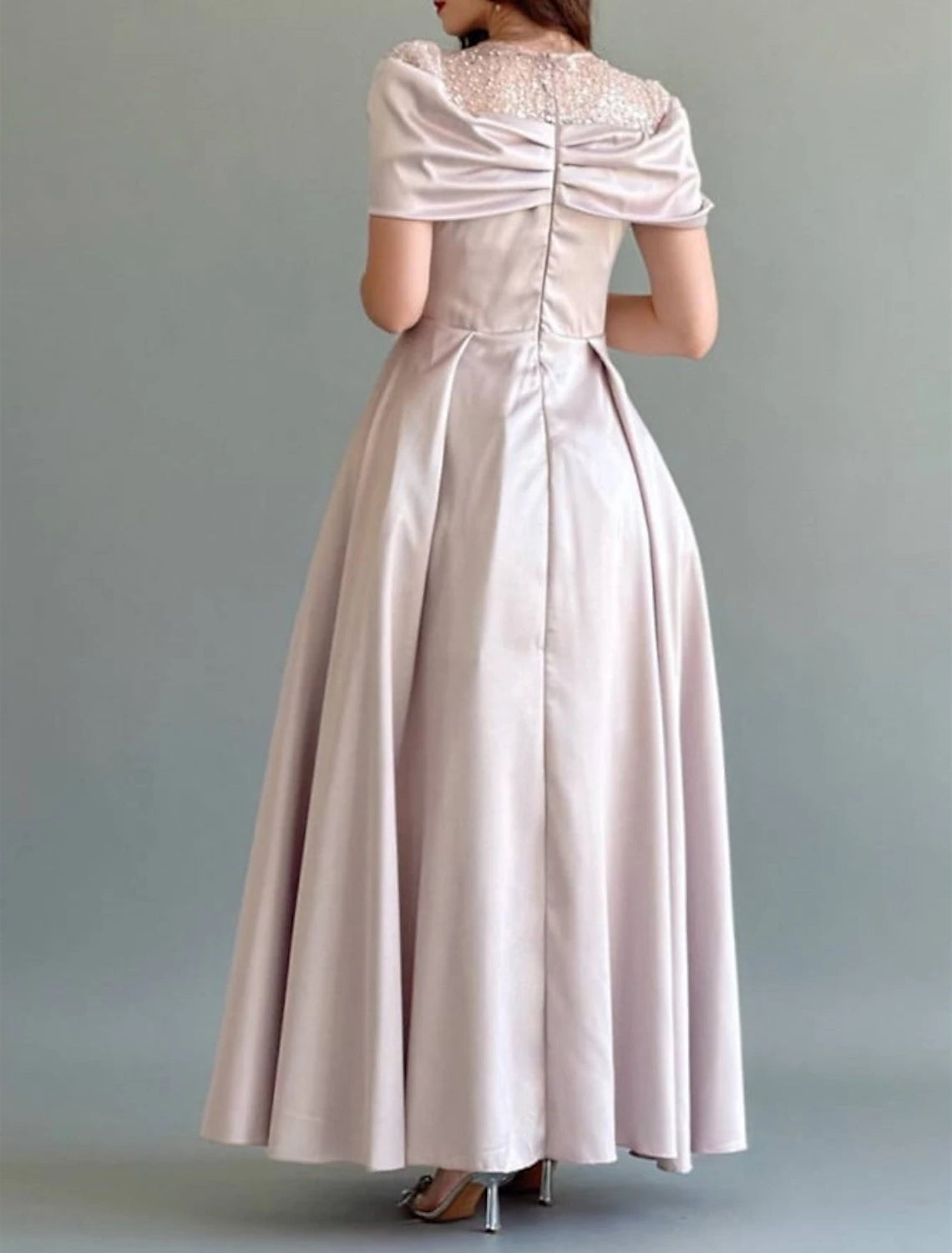 Wholesa A-Line Evening Gown Elegant Dress Wedding Guest Prom Floor Length Sleeveless Jewel Neck Satin with Ruched Pearls Sequin