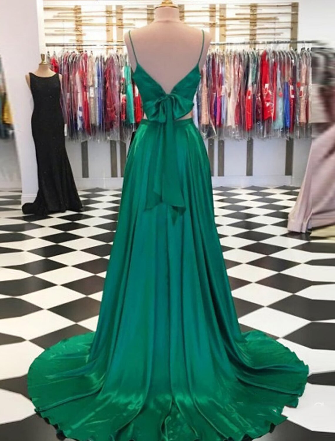 wholesale  Two Piece Prom Dresses Sexy Dress Formal Wedding Guest Sweep / Brush Train Sleeveless Spaghetti Strap Charmeuse with Bow(s) Slit