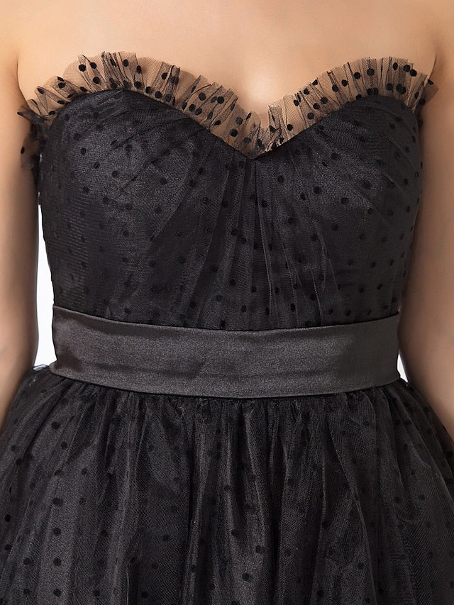 Wholesa Ball Gown Little Black Dress Dress Holiday Tea Length Sleeveless Sweetheart Tulle with Sash / Ribbon